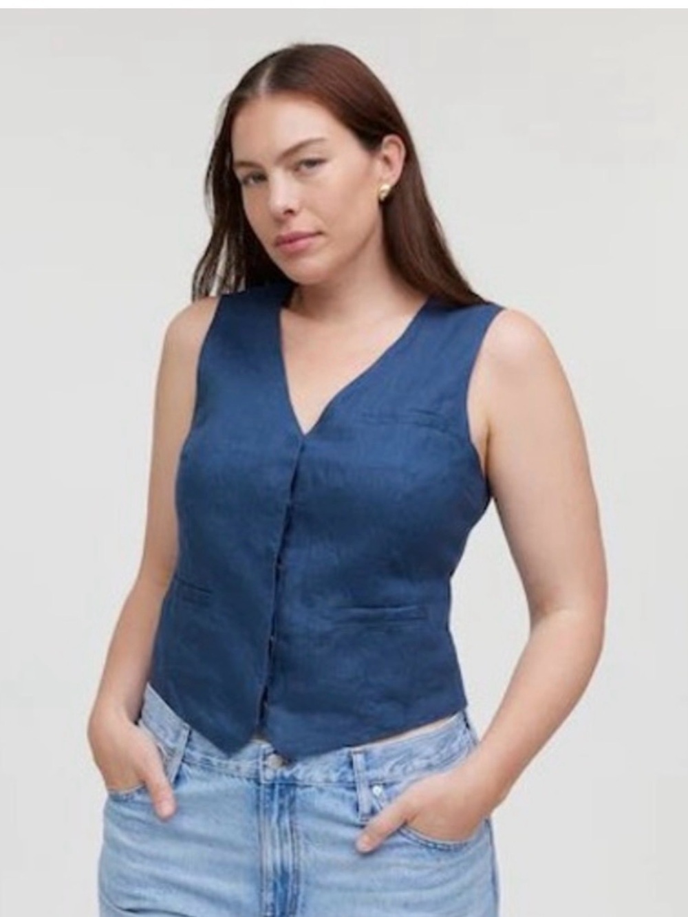 Madewell 100% Linen Navy Sleeveless V-Neck Button Front Vest | Size 0